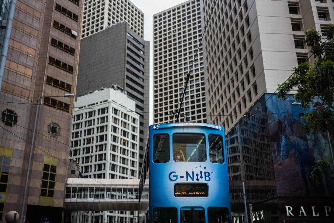 A tram passes commercial buildings in Hong Kong’s Central district on June 21, 2021. Photo: AFP
