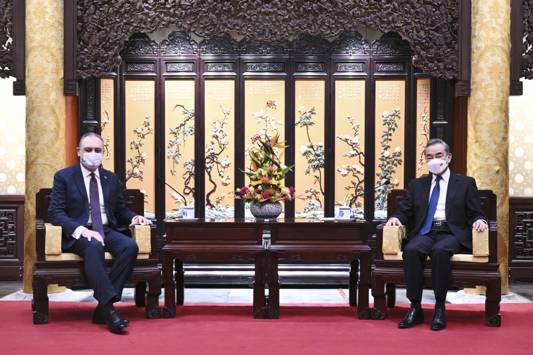 Igor Morgulov, Moscow’s new ambassador to China, meets Foreign Minister Wang Yi in Beijing on Sunday. Photo: Xinhua