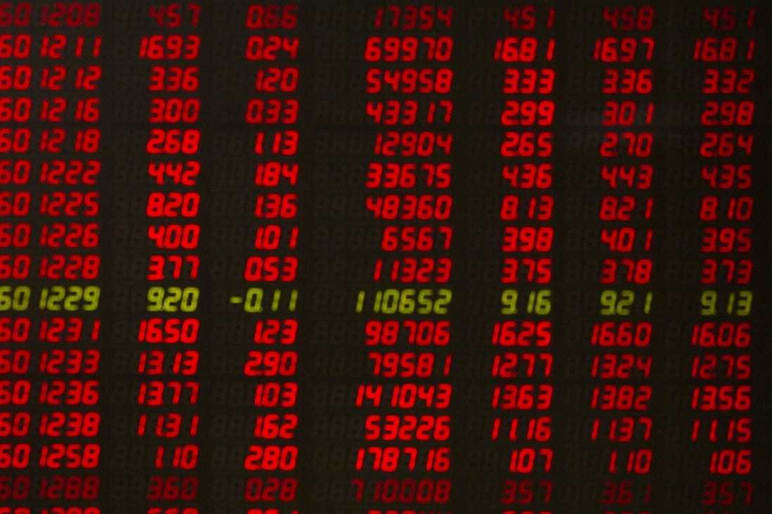 Stock prices on display inside a brokerage house in Beijing. Photo: AP