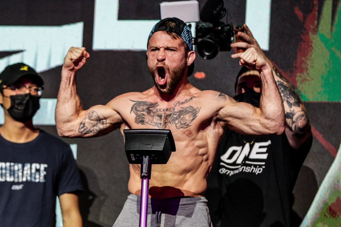 Jarred Brooks poses on the scale at the ceremonial weigh-ins for ONE 156. Photos: ONE Championship