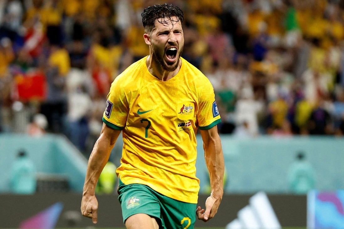 Mathew Leckie celebrates scoring Australia’s goal against Denmark. Photo: Reuters