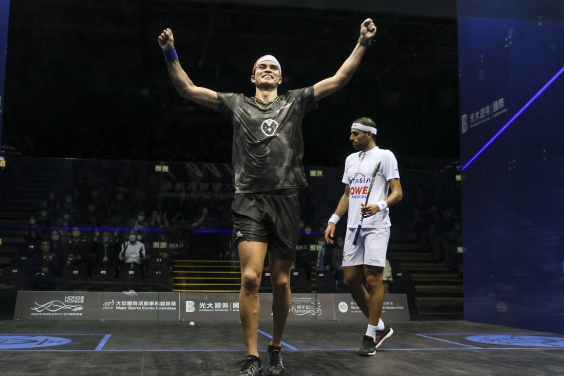 Diego Elias celebrates  his win over Mohamed ElShorbagy at the Hong Kong Squash Open. Photo: Dickson Lee