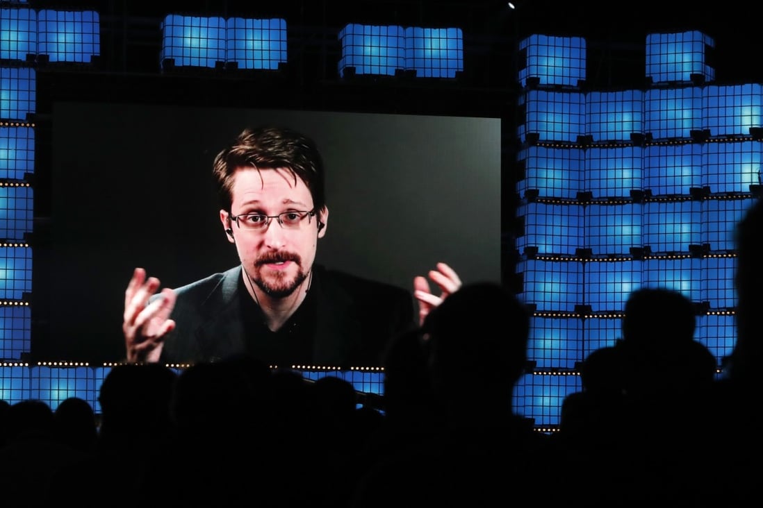 Former US National Security Agency contractor Edward Snowden speaks via video link at a conference in Lisbon in November 2019. Photo: AP