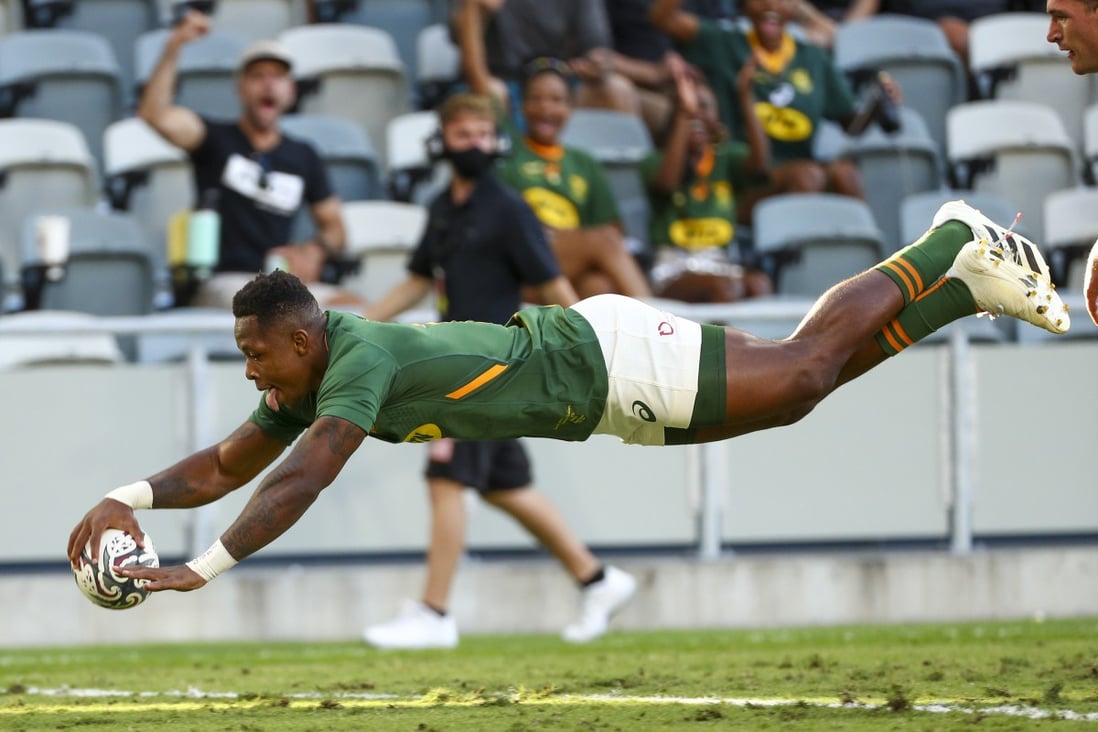 South Africa’s Sbu Nkosi scores a try during the Rugby Championship Test between the Springboks and the All Blacks in Townsville, Australia, on September 25, 2021. Photo: AP