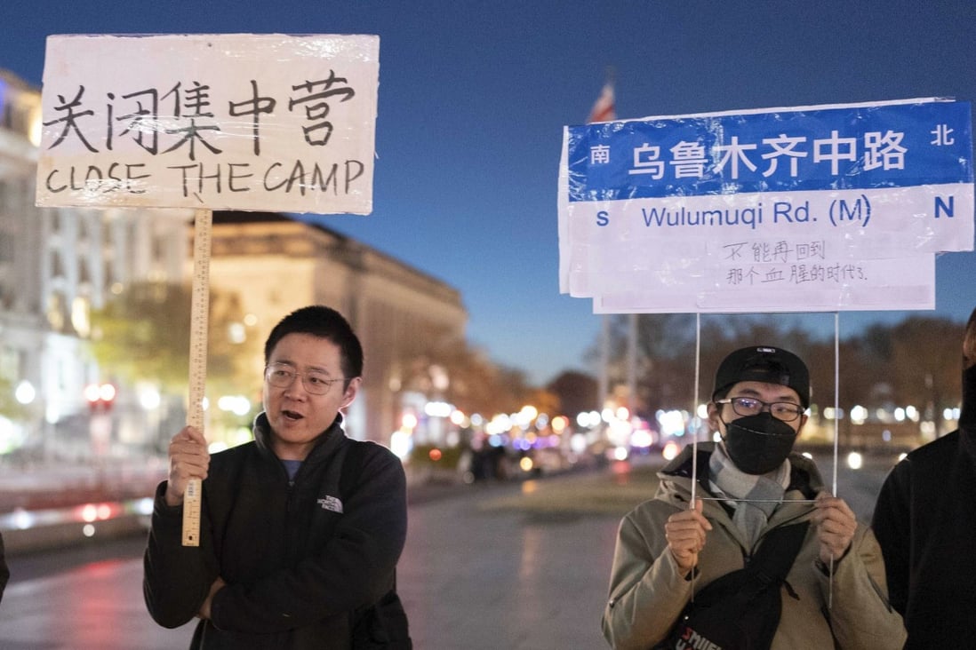 People protest at Freedom Plaza in Washington on Sunday in solidarity with the ongoing protests against the Chinese government’s continued zero-COVID policies. Photo: AP