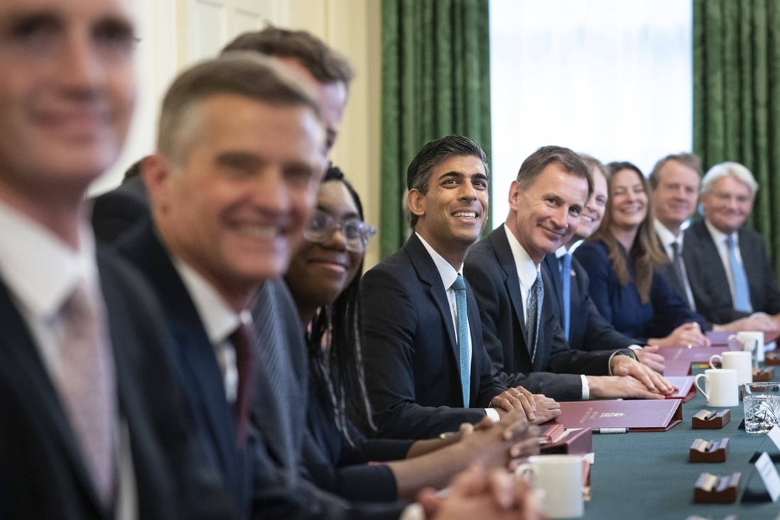 Britain’s Prime Minister Rishi Sunak (centre) holds his first Cabinet meeting in Downing Street in London on October 26. Sunak will face pressure, especially within his own party, to take a hardline approach towards China. Photo: Pool Photo via AP