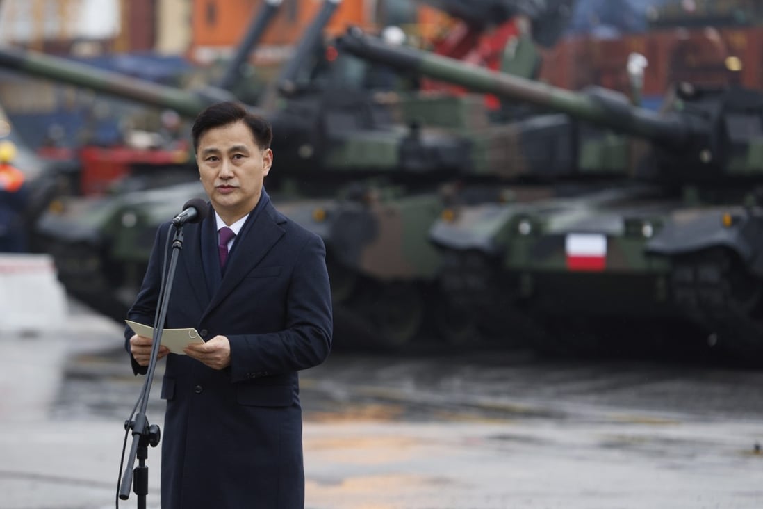 South Korea’s Defence Acquisition Programme Administration Minister Eom Dong-hwan in Poland on Tuesday. He was there to help welcome the first delivery of his country’s tanks and howitzers to the nation, which borders Ukraine. Photo: AP