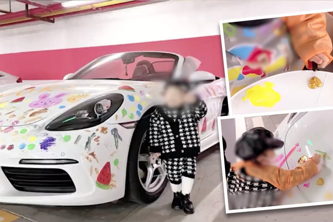 A mother who let her daughter draw on her Porsche with washable paint starts vigorous online debate in China about modern parenting. Photo: SCMP composite/Handout