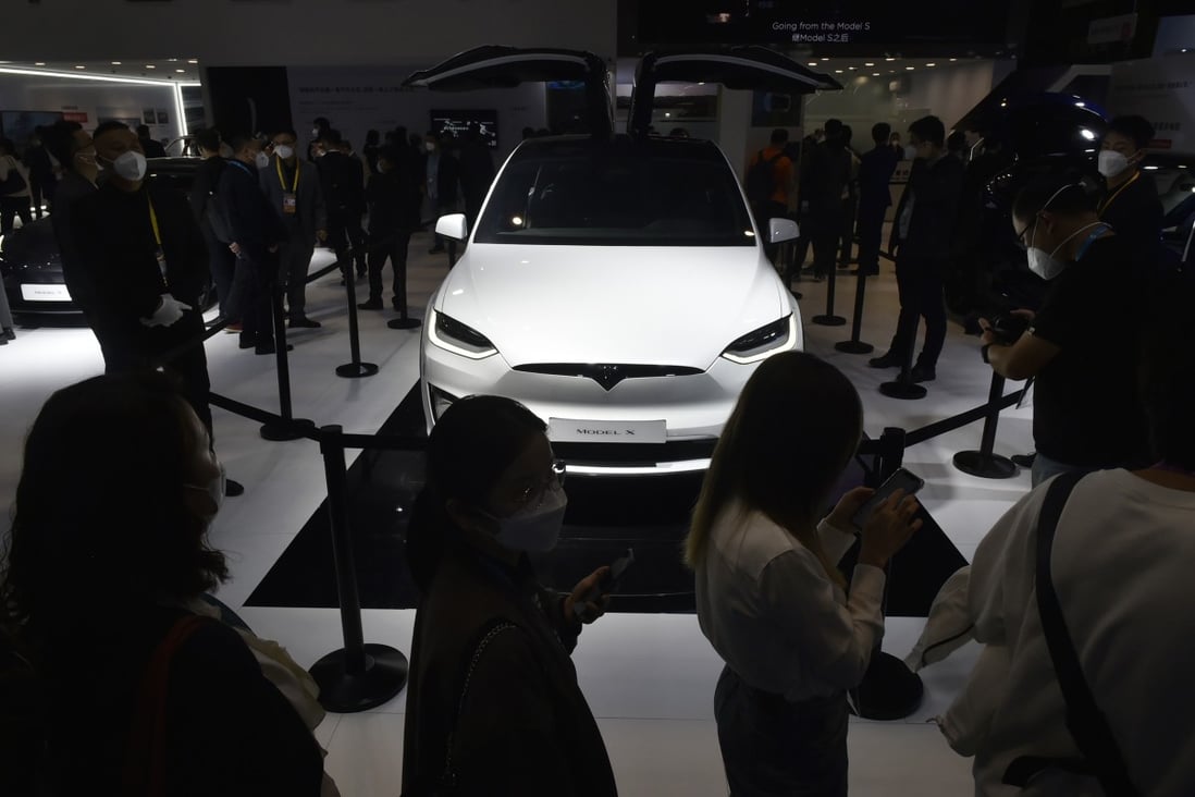 A Tesla is displayed during the fifth China International Import Expo (CIIE) in Shanghai. Tesla slashed the prices of its Shanghai-made Model 3s and Model Ys by up to 9.4 per cent in late October. Photo: Xinhua