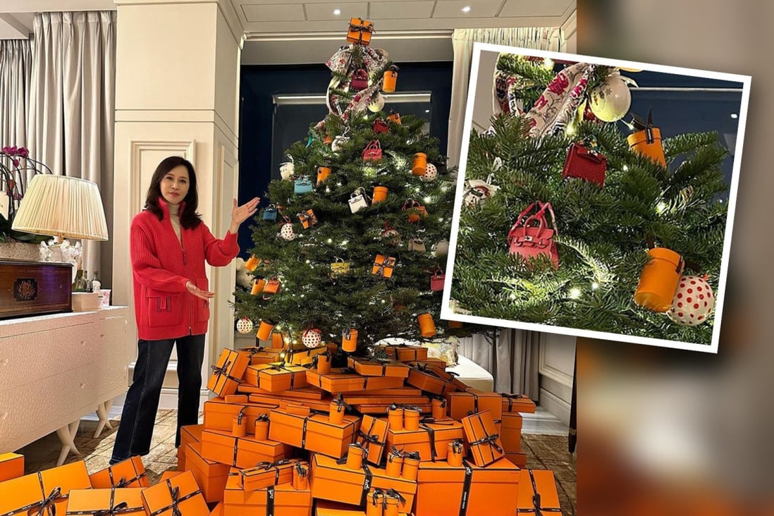 Former actress and TV host, Priscilla Ku Kei-kwan has sparked a debate over the rights and wrongs of consumerism with her luxury brand Christmas tree decorations. Photo: SCMP Composite.
