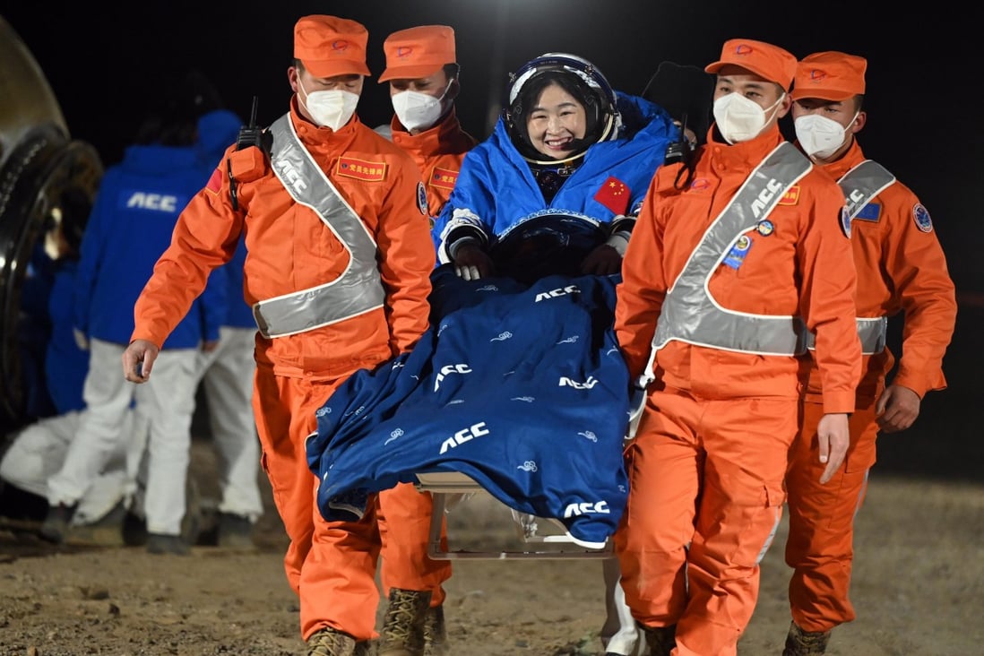 The return capsule of the Shenzhou-14 manned spaceship, carrying astronauts Chen Dong, Liu Yang and Cai Xuzhe, touched down at the Dongfeng landing site safely on Sunday. Photo: Xinhua
