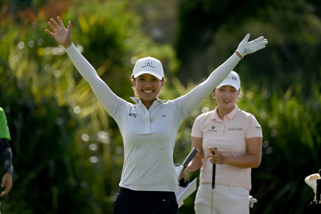 Tiffany Chan celebrates her hole in one at the Singapore Open. Photo: Hana Financial Group