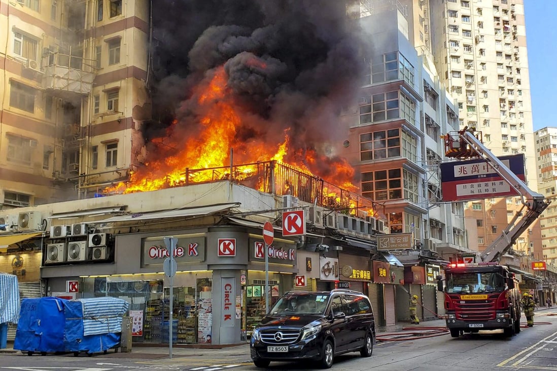 A fire broke out at a podium of a Hong Kong residential building in Mong Kok. Photo: Edmond So