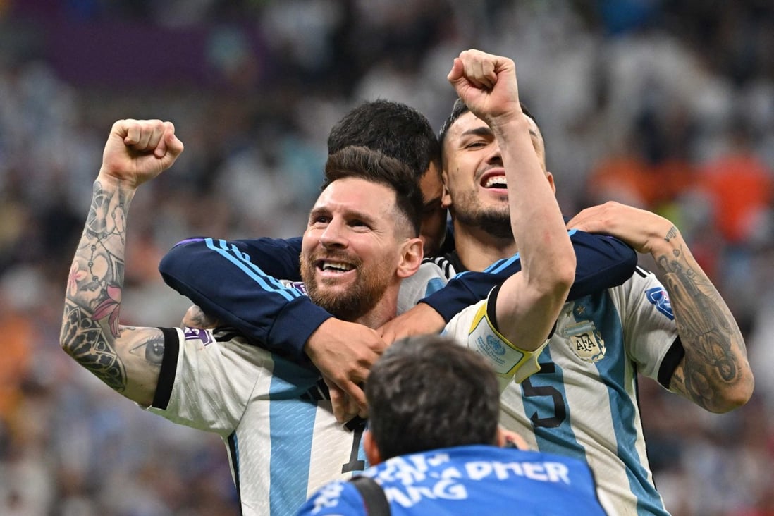 Lionel Messi celebrates after qualifying to the next round after Argentina defeats the Netherlands in a penalty shoot-out on Friday. Photo: AFP
