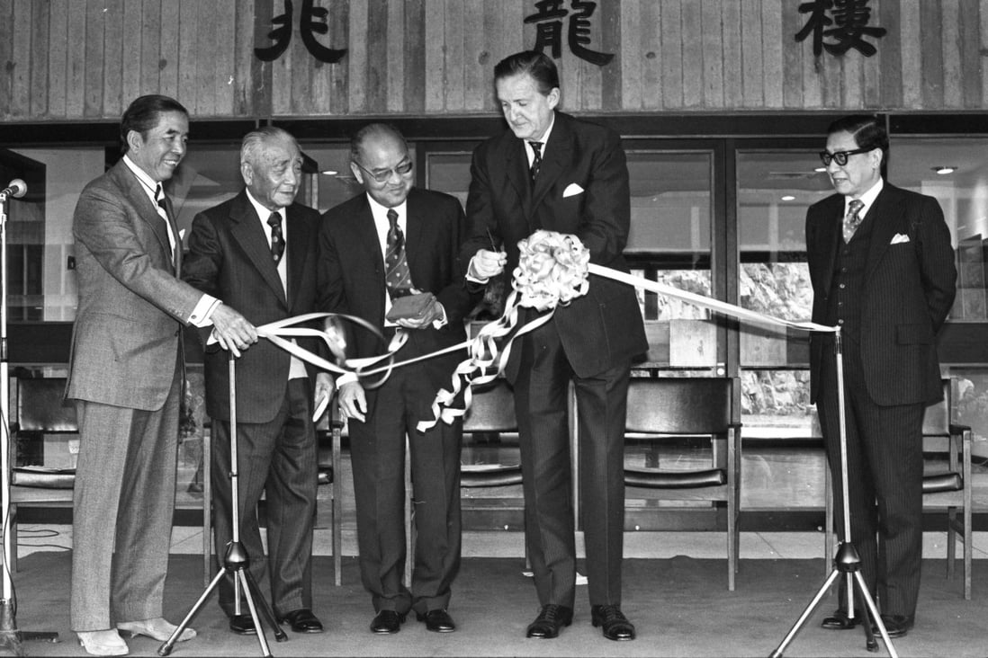 A typical ribbon cutting in Hong Kong features (from left) shipping magnate Pao Yue-kong, his father Pao Siu-loong, Li Choh-ming and then Governor Sir Murray MacLehose officiate at the opening ceremony of the Siu-loong Pao Building at the Chinese University of Hong Kong. Looking on is Executive Councillor Sir Yuet-keung Kan. Photo: SCMP
