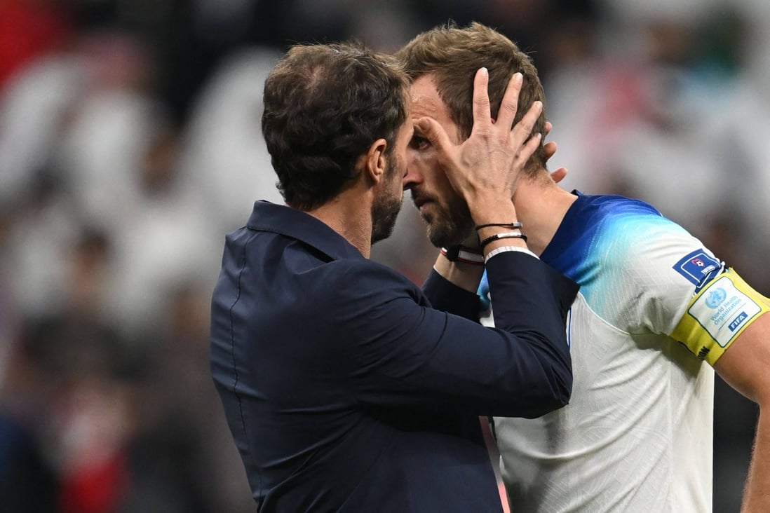England manager Gareth Southgate consoles Harry Kane after their 2022 World Cup quarter-final loss to France. Photo: AFP