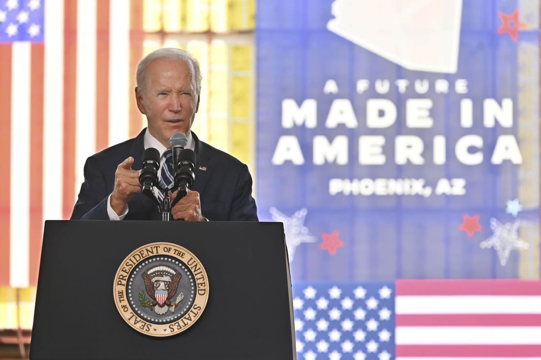 US President Joe Biden speaks at a ceremony celebrating construction of a Taiwan Semiconductor Manufacturing Co factory in Phoenix, Arizona, on Tuesday. Photo: Kyodo