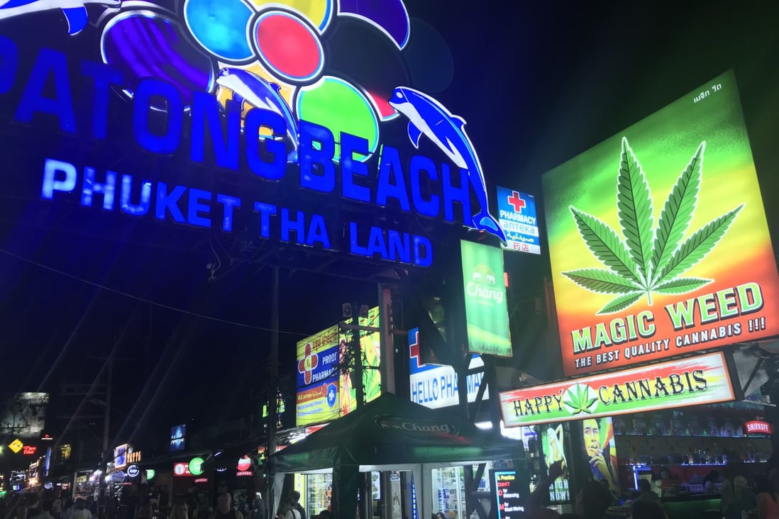 Thailand recently decriminalised marijuana for medical or industrial use, and cannabis shops have popped up all over the country. A marijuana sign at the entrance of Walking Street in Patong, Phuket, Thailand. Photo: Dave Smith