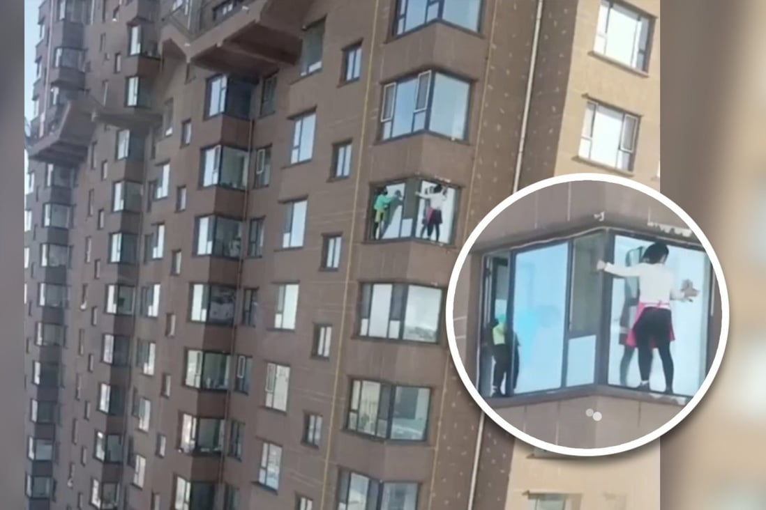 A viral video of two women cleaning high-rise apartment windows without any safety equipment shocks China. Photo: SCMP composite/handout