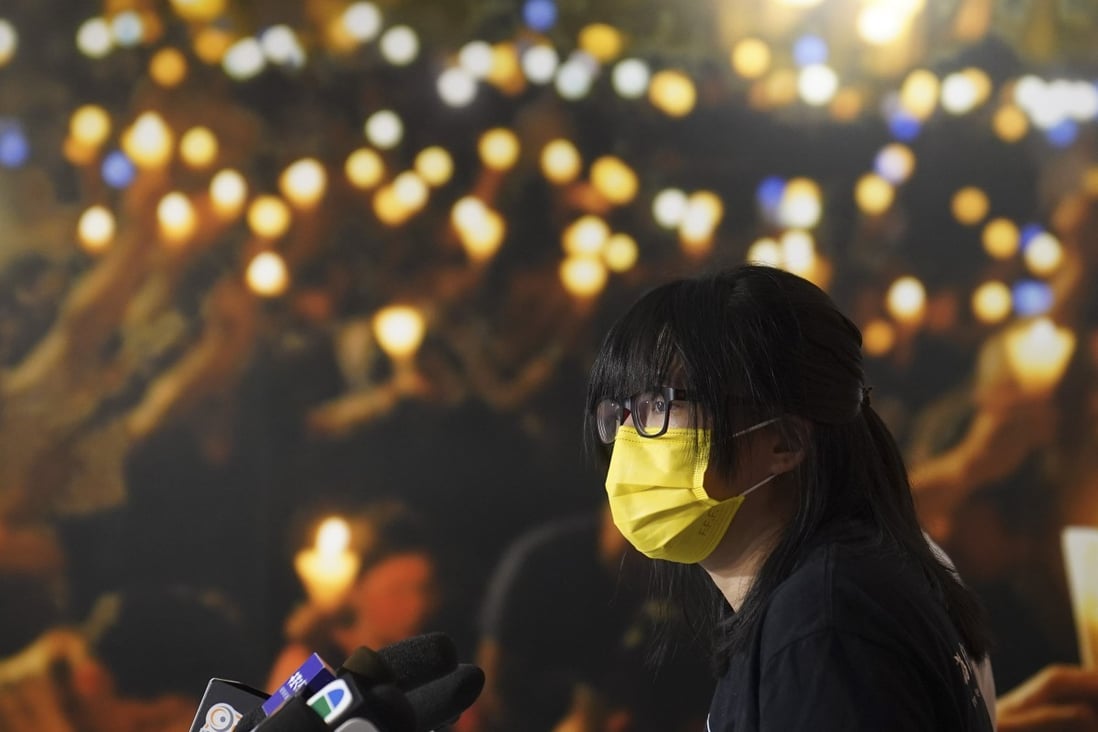 Hong Kong Alliance in Support of Patriotic Democratic Movements of China’s vice-chairwoman  Chow Hang-tung (yellow mask) at a press conference at the group’s office at Ngai Wong Commercial Building, Mong Kok, last year. Photo: Sam Tsang