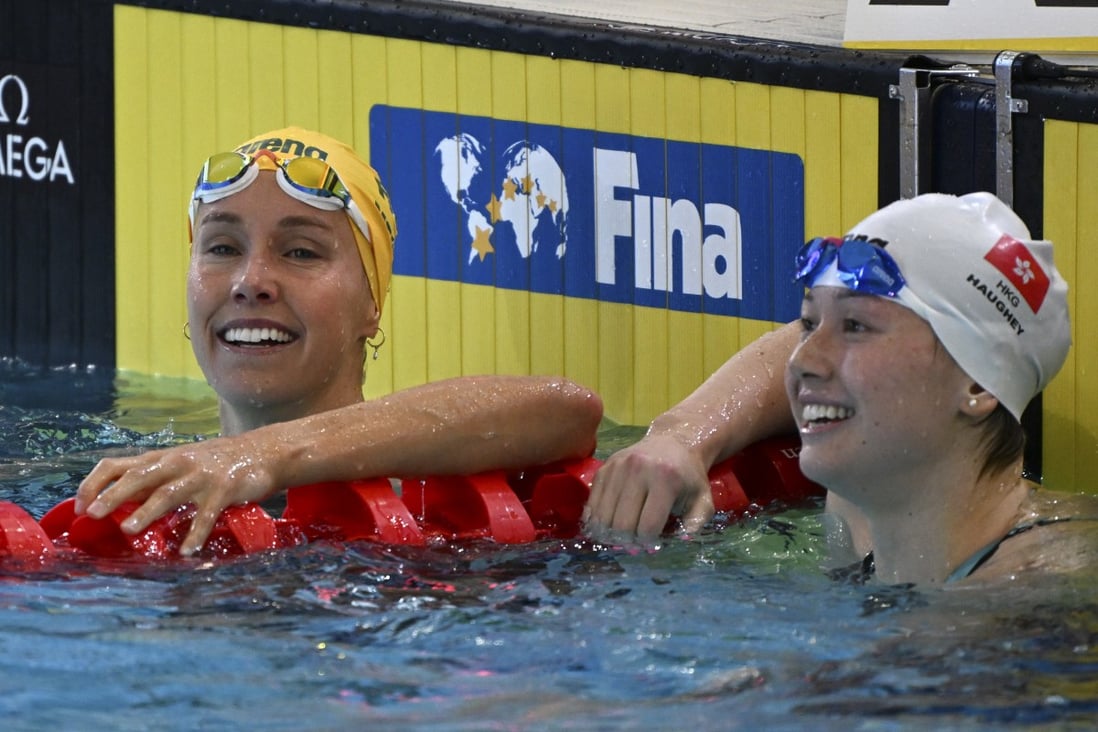 Emma Mckeon of Australia (left) beat Siobhan Haughey of Hong Kong to the 100m freestyle gold. Photo: AP