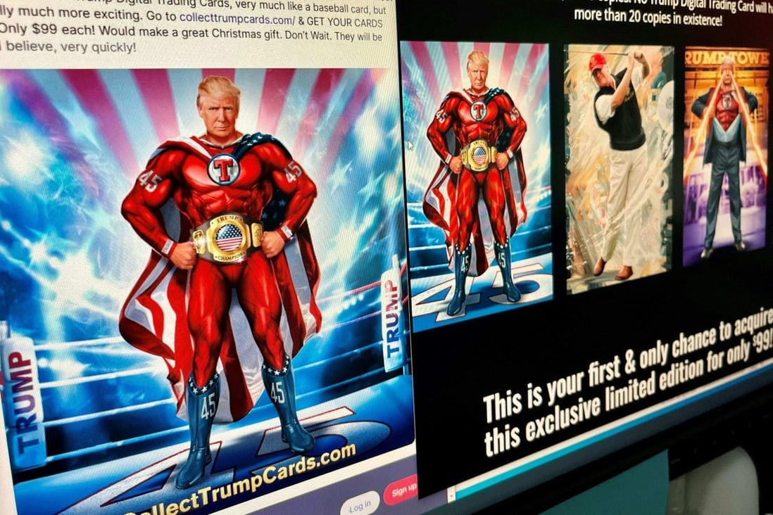 Former US president Donald Trump’s new digital trading cards are seen on screens as revealed in an online announcement on Thursday. Photo: AFP