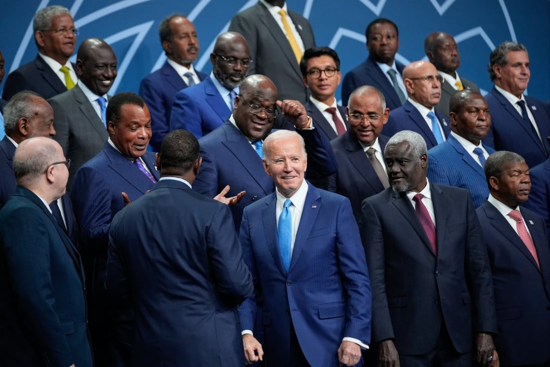 United States President Joe Biden talks with African leaders before they pose for a photo during the US-Africa Leaders Summit in Washington on Thursday. Photo: AP