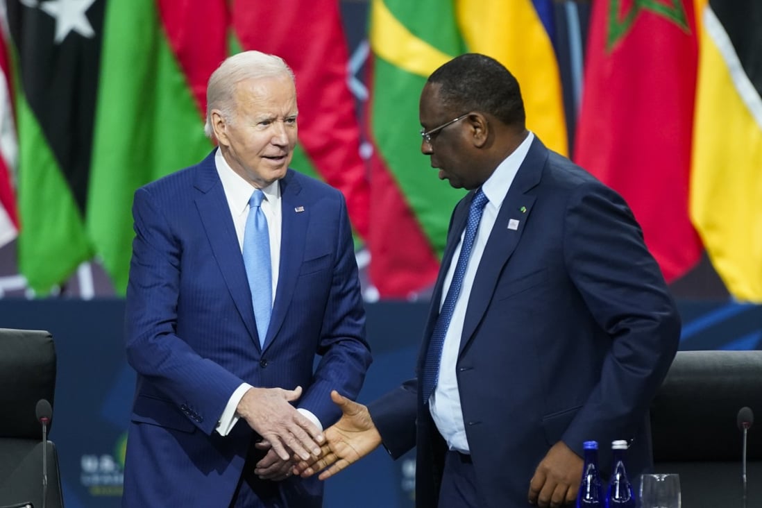 US President Joe Biden shakes hands with Senegal’s President Macky Sall at a US-Africa summit event in Washington on Thursday. Photo: AP