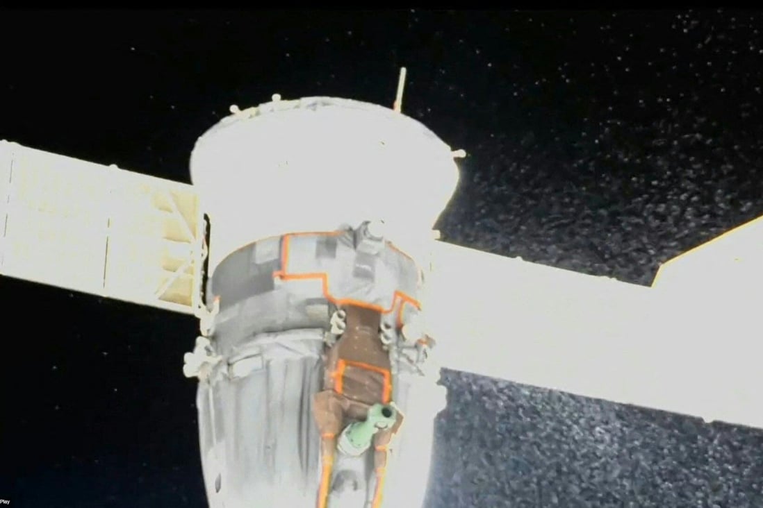 A video grab obtained from a Nasa feed on Thursday shows liquid spraying from the aft end of the Soyuz MS-22 spacecraft. Photo: Nasa via AFP