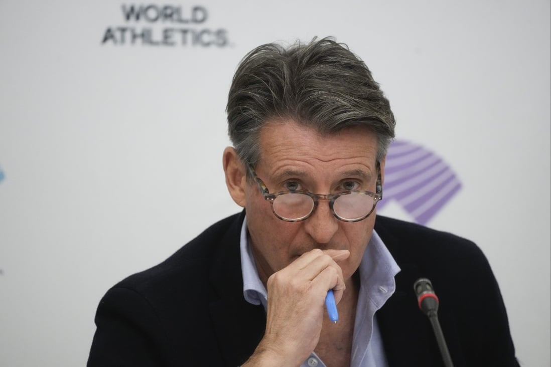 World Athletics president Sebastian Coe at a press conference at the conclusion of the World Athletics meeting in Rome. Photo: AP