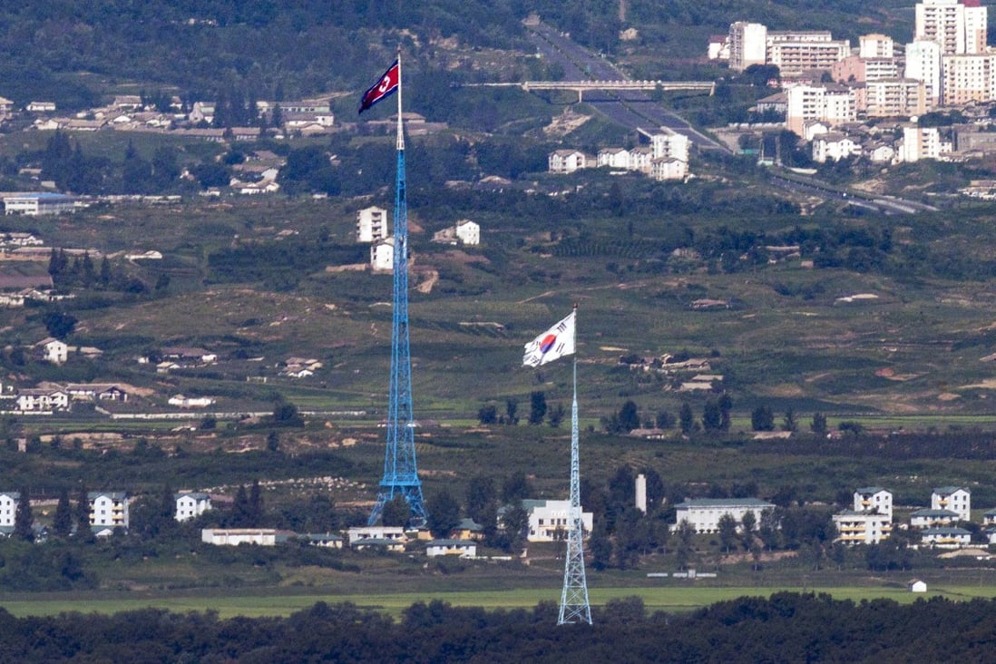 Flags of both Koreas from the border area in Paju, South Korea. Pyongyang launched a ballistic missile on Sunday off its east coast. File photo: Yonhap via AP