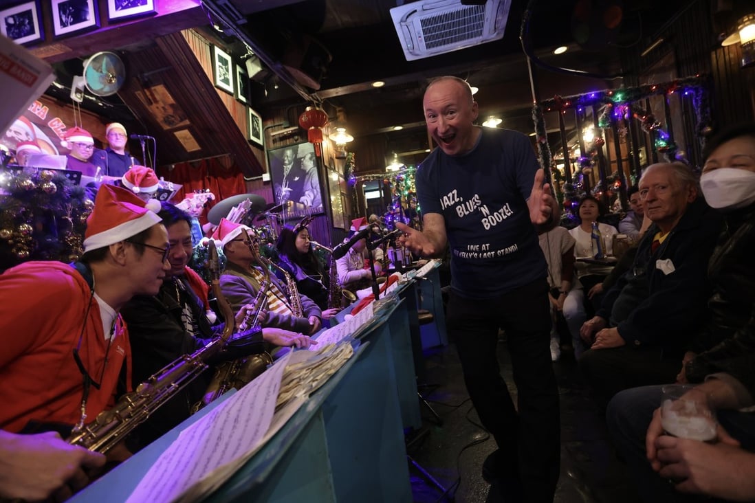 Colin Aitchison leads the Ned Kelly’s Xmas Big Band in celebrations for the 50th anniversary of Ned Kelly’s Last Stand on December 18, 2022. The Hong Kong bar and jazz venue is still in its original location in Ashley Road, Tsim Sha Tsui. Photo: Jonathan Wong