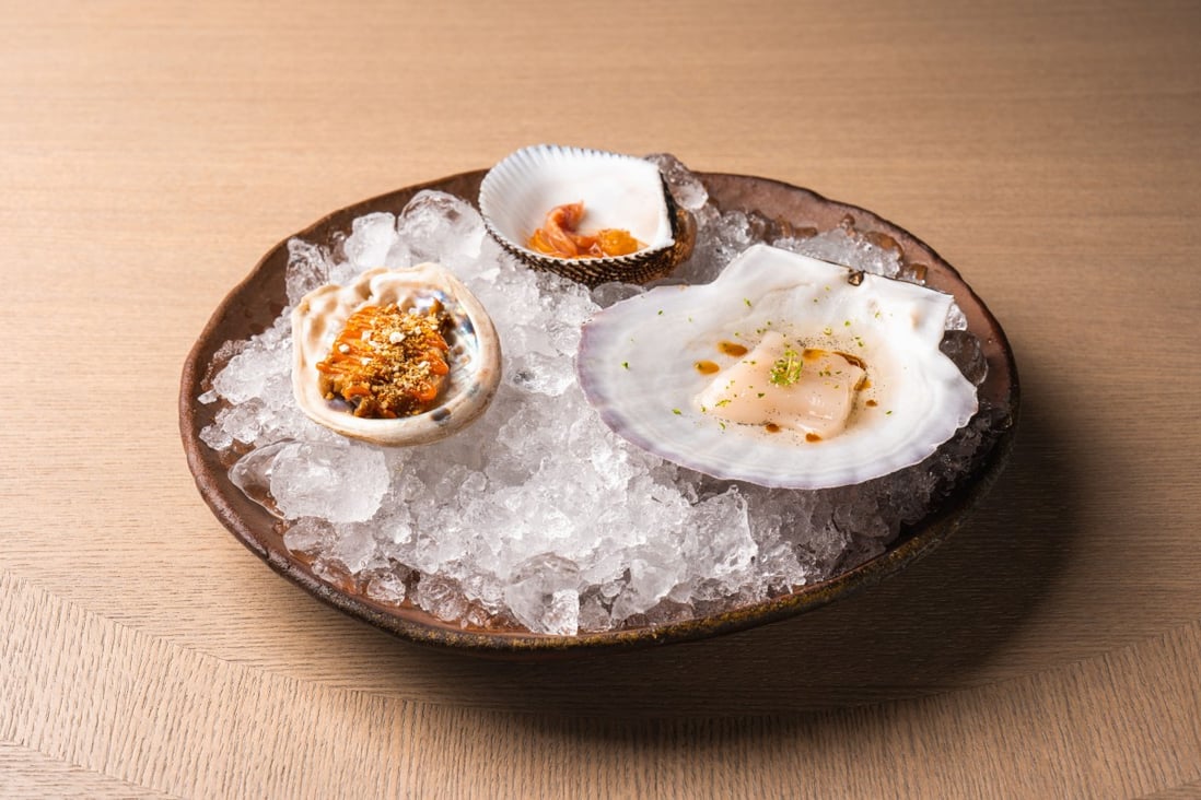 Hokkaido Scallop/Blood Clam/Abalone from Noi, Italian restaurant in the Four Seasons Hong Kong. While it could pass for sashimi, chef Paul Airaudo rejects the notion that its inclusion of soy sauce and ponzu makes it an Asian dish. Photo: Noi