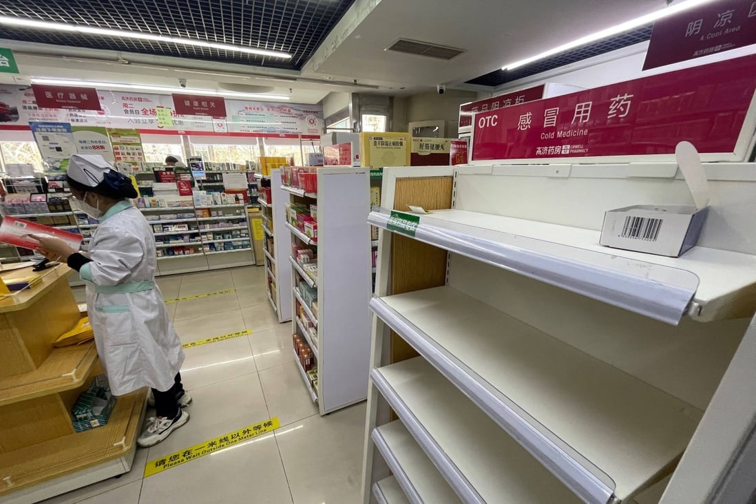 Empty shelves at a pharmacy in Beijing as the country battles a surge in Covid-19 infections. Photo: AFP
