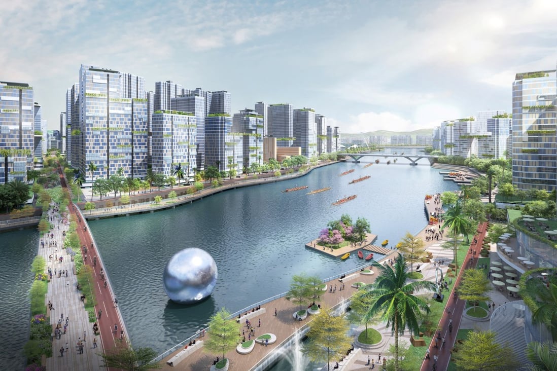 An artist’s impression of a promenade and channel between artificial islands of the Lantau Tomorrow Vision project. Photo: Handout