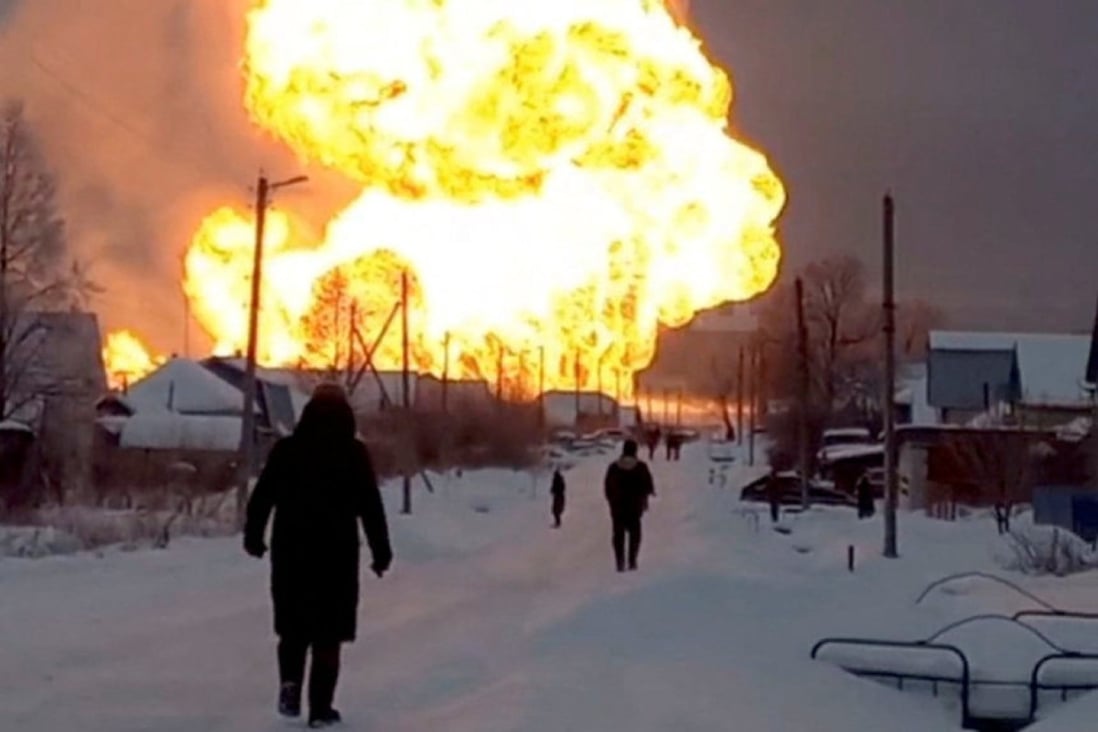 A blaze from a ruptured gas pipeline near the village of Yambakhtino in the Chuvash Republic, Russia on Tuesday. Photo: PRO GOROD 21 CHUVASH Telegram Channel via Reuters