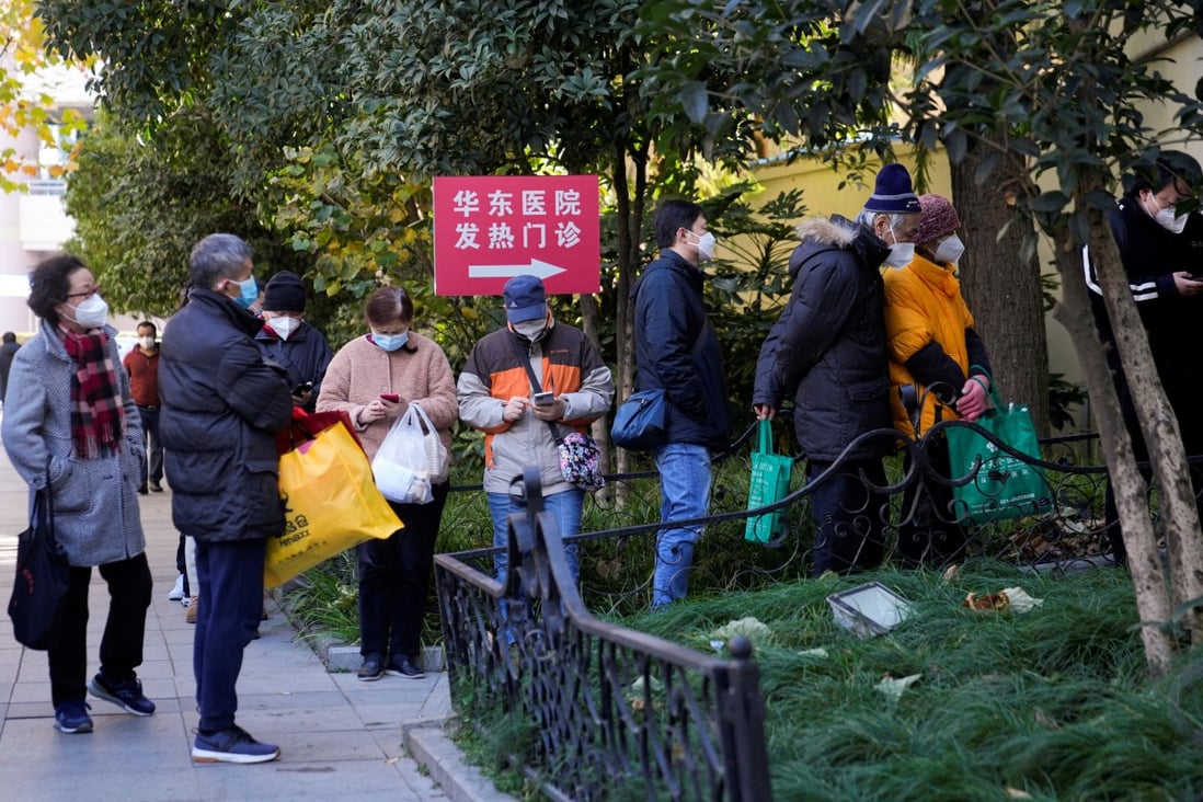 People wearing protective masks line up outside a fever clinic of a hospital, as Covid-19 outbreaks continue in Shanghai and across the country. Photo: Reuters