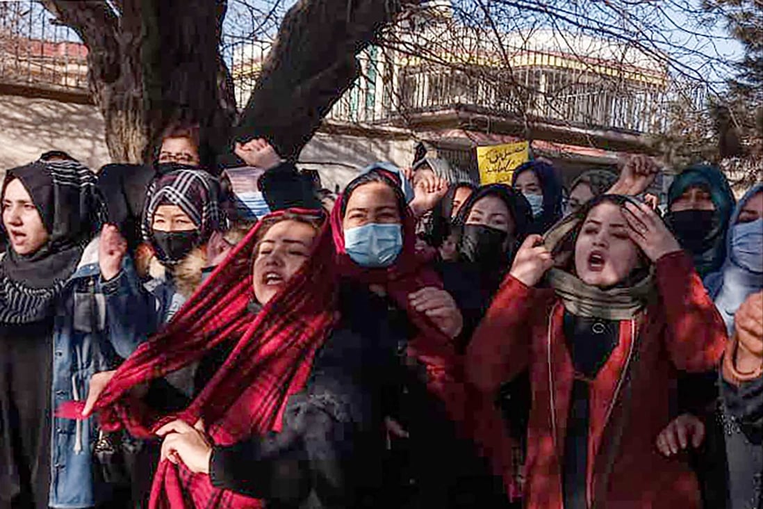 Afghan women chant slogans in Kabul on Thursday to protest against the ban on university education for women. Photo: AFP