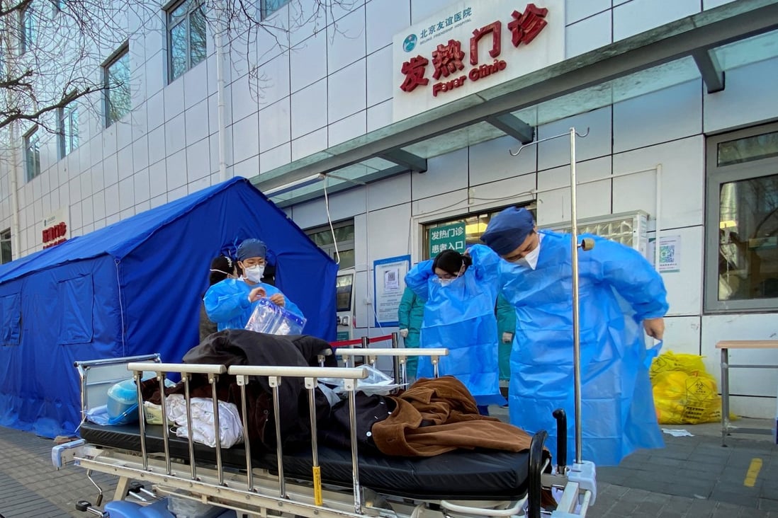 Nurses get ready for their shift outside  a fever clinic at a hospital  in Beijing, as the Covid surge continues. Photo: Reuters 