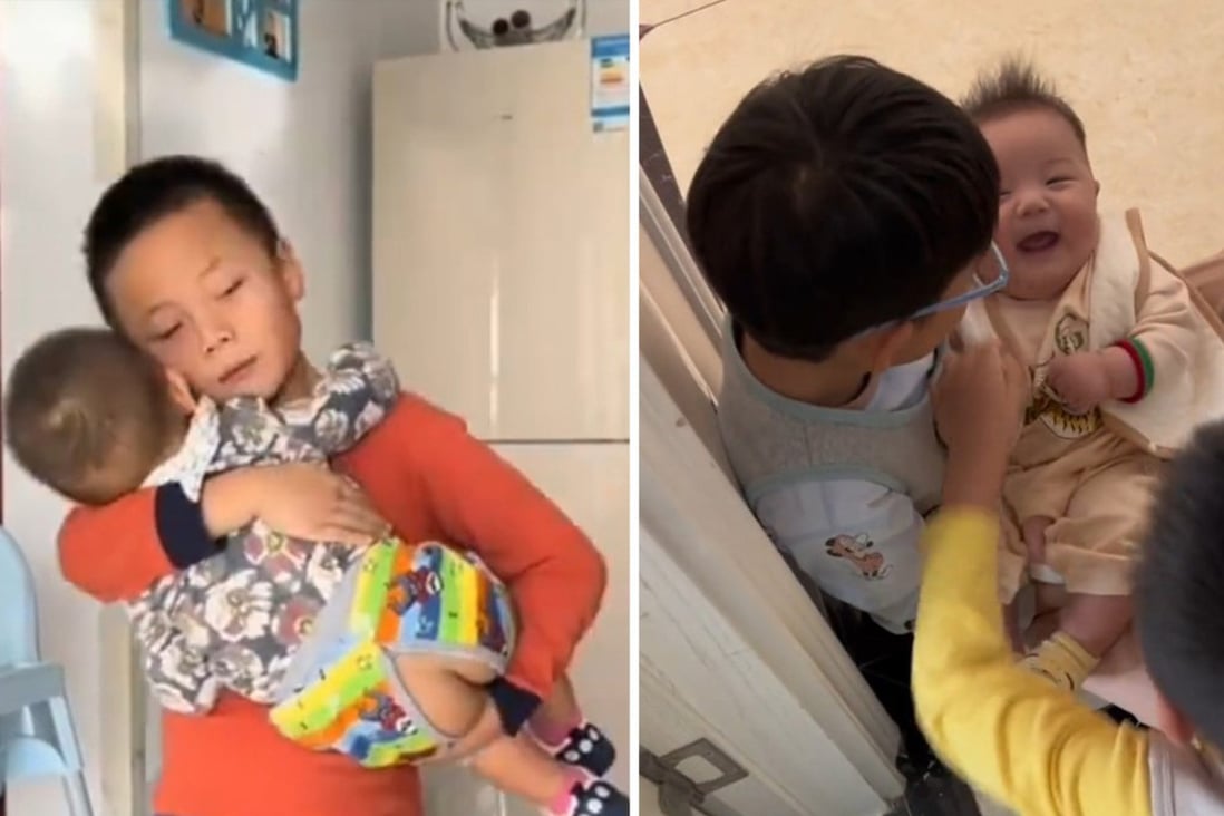 A boy playing nanny to a toddler and two older kids teasing a delighted baby trend online in China in viral videos. Photo: SCMP composite/Handout