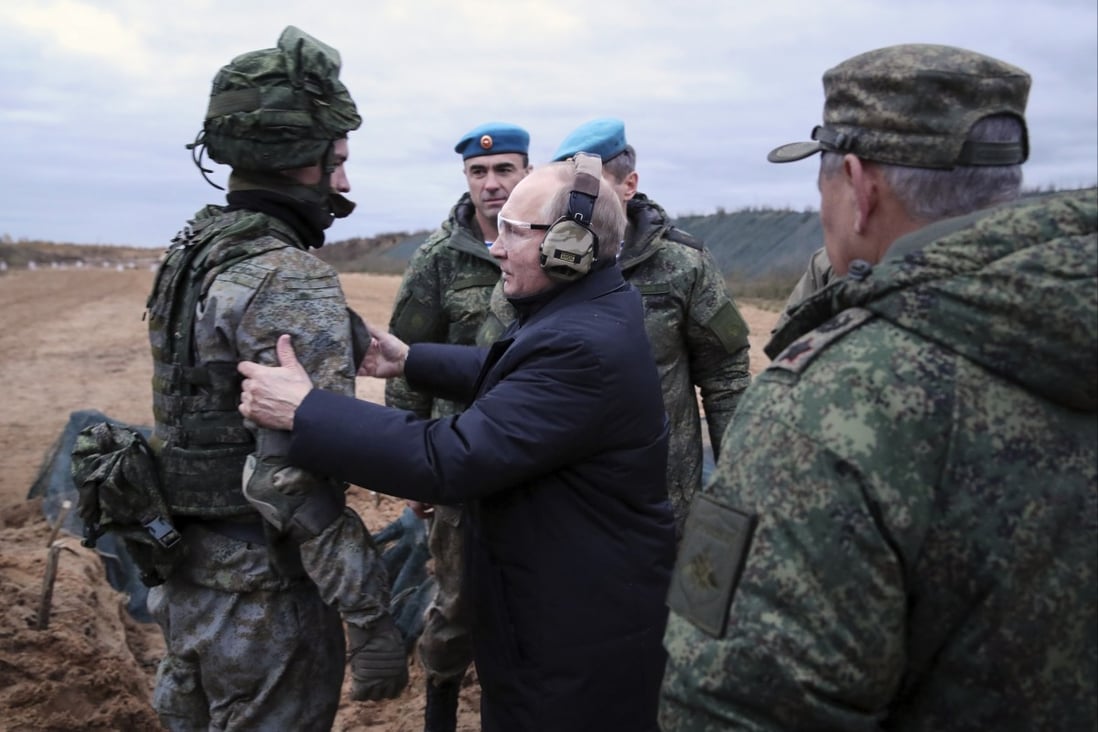 Russian President Vladimir Putin at a military training centre. The government has said troops can freeze their sperm at no cost to them or their families. Photo: AP
