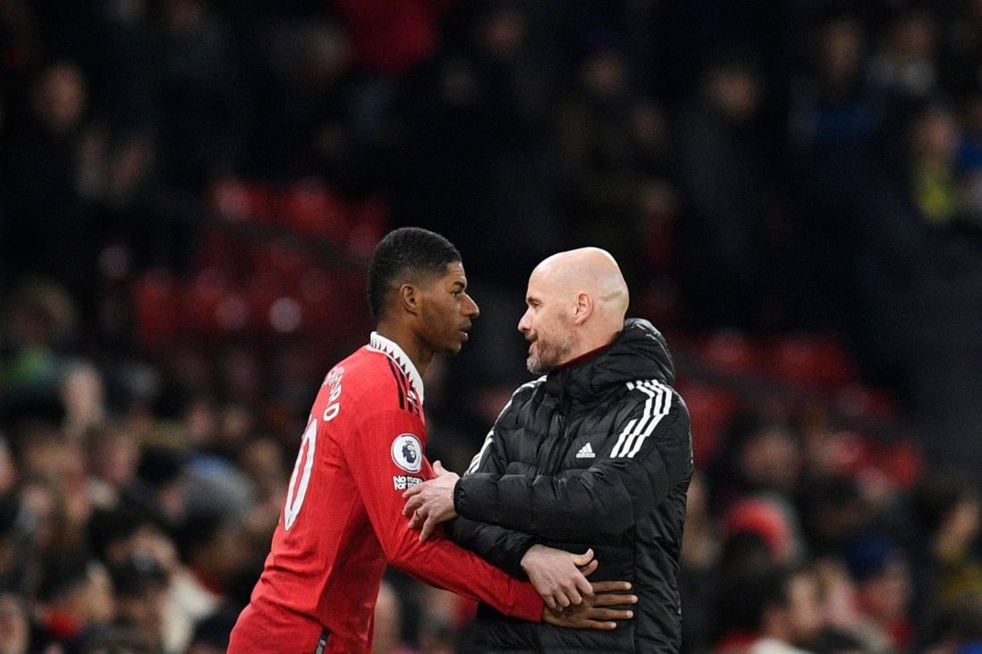 Manchester United Erik ten Hag (right) congratulates striker Marcus Rashford after his side’s win over Nottingham Forest. Photo: AFP