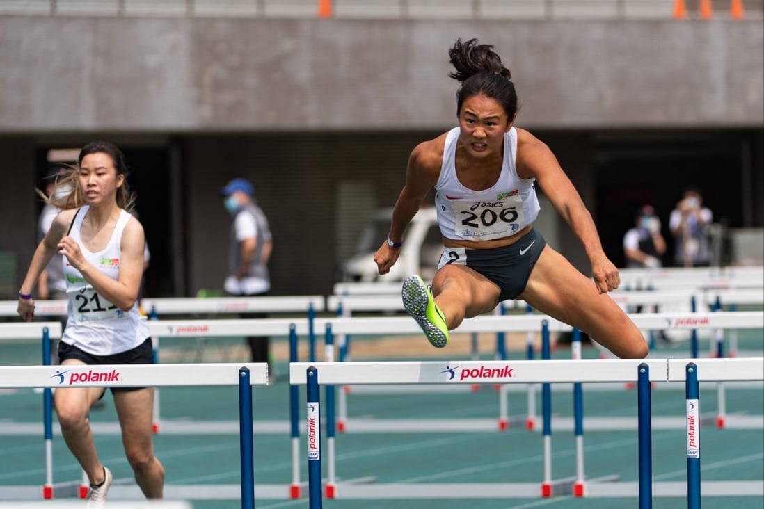 Vera Lui on her way to winning the 100m hurdles at the 2021 Athletics Series 1. Photo: HKAAA