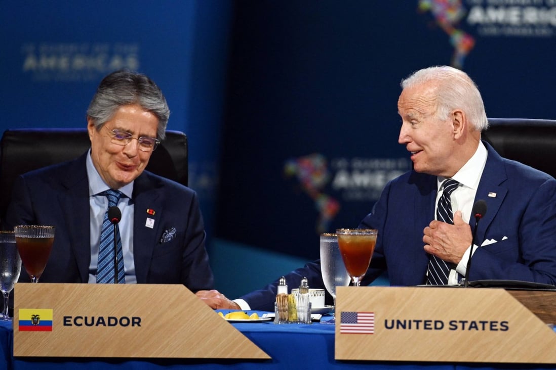 Ecuador’s President Guillermo Lasso and US President Joe Biden attend a working luncheon with other heads of state during the 9th Summit of the Americas in Los Angeles on December 19. Photo: AFP