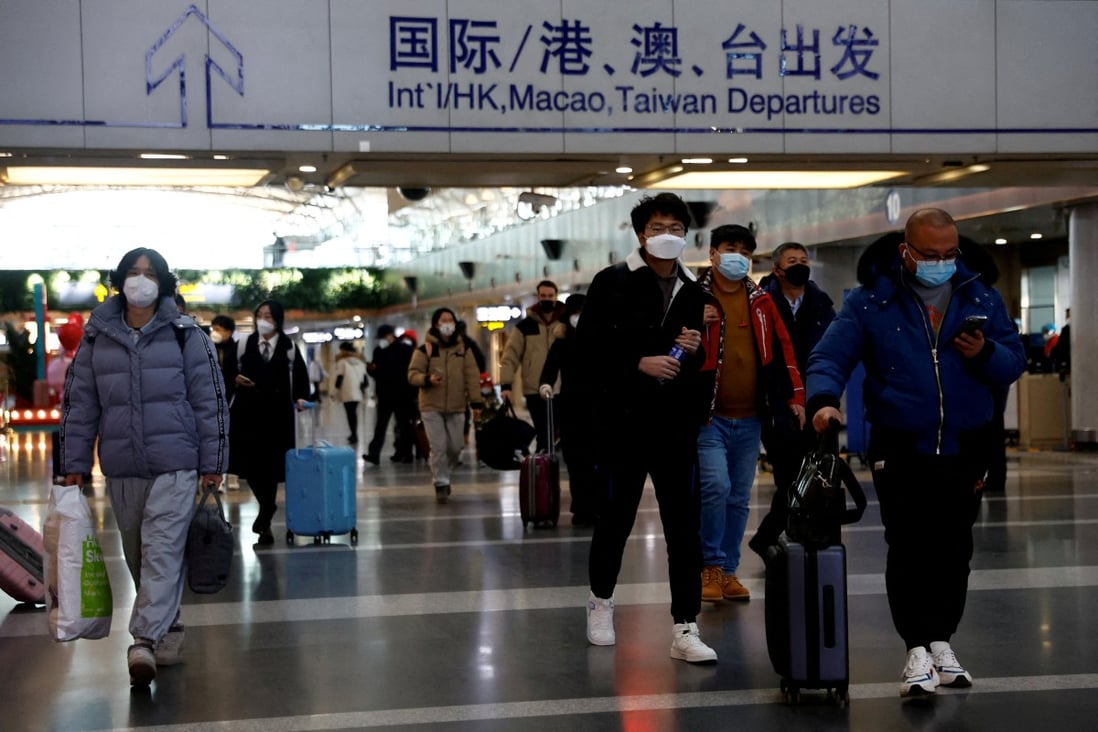 Travellers with their luggage at Beijing Capital International Airport. China has said it will ease tough border measures from January 8. Photo: Reuters