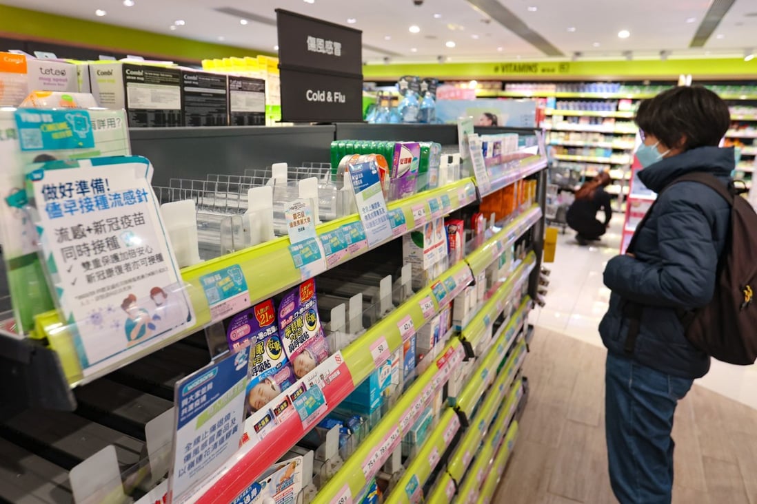 A shelf emptied of Panadol and cold medicine at a pharmacy in Kowloon Bay. Photo: Edmond So