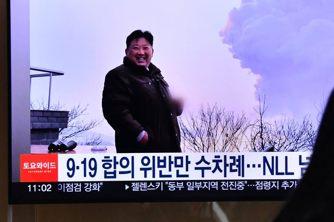 A television showing a news broadcast of Kim Jong-un after North Korea fired three short-range ballistic missiles on Saturday December 31, 2022. Photo: AFP