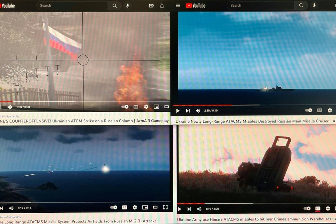 A computer screen with four YouTube windows displaying combat clips from Arma 3’s war-themed video games. Photo: AFP