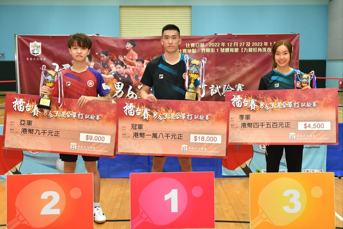 Pedrey Ng (right) shares a podium with winner Lam Siu-hang at the mixed singles event. Photo: Hong Kong Table Tennis Association