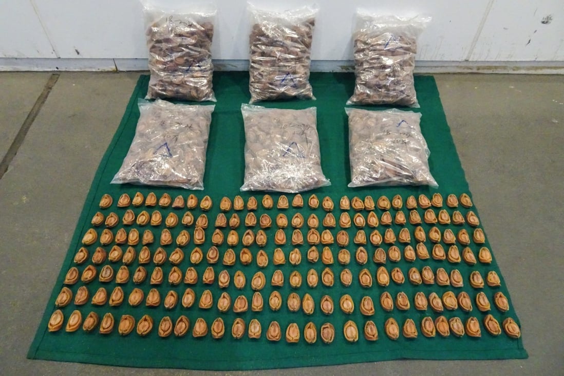 Hong Kong Customs display the suspected smuggled dried abalone they seized during an operation. Photo: Handout